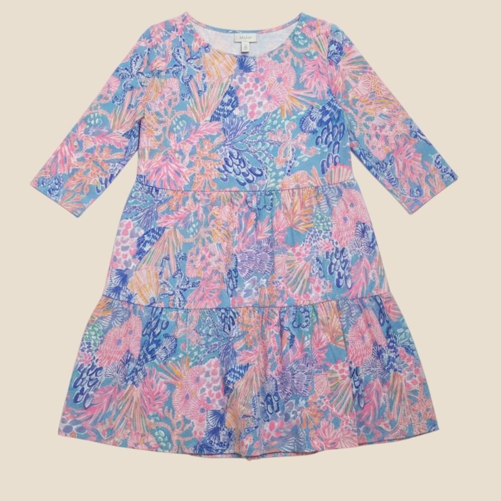 Lilly Pulitzer Girls Tiered Dress Pink Blue Coastal Print Cotton Size L 8-10